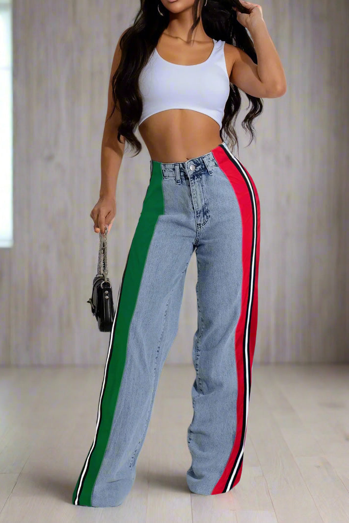 Wide Jeans with Wide Contrast Side Lines-Light Blue Lavish Daily