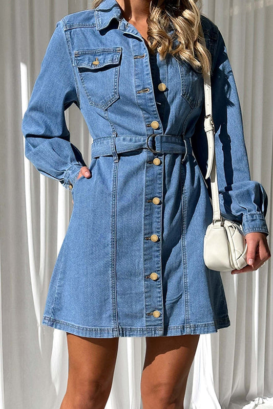Belted Button-Down Denim Mini Shirt Dress Lavish Daily