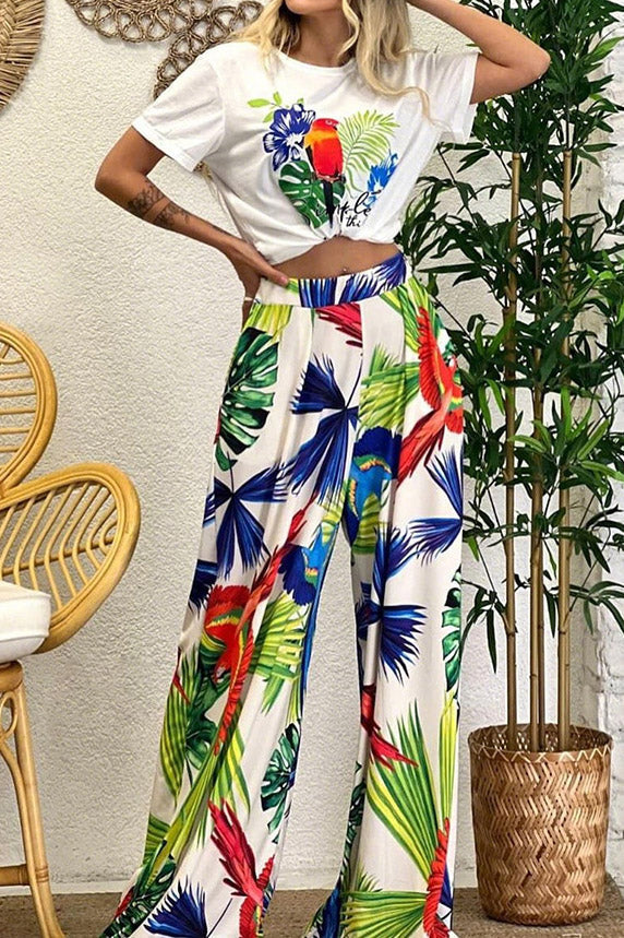 Printed Two Piece Set with Wide Leg Pants Lavish Daily