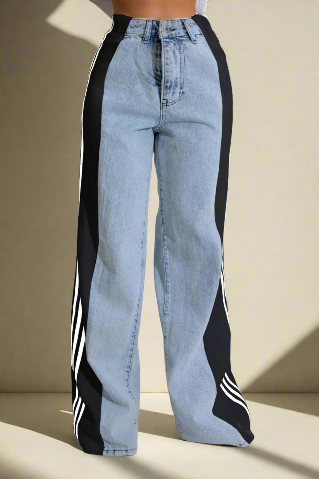 Wide Jeans with Wide Contrast Side Lines-Light Blue Lavish Daily