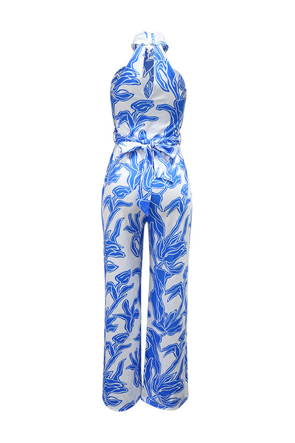 Floral Halter Tie Waist Wide Leg Jumpsuit Lavish Daily