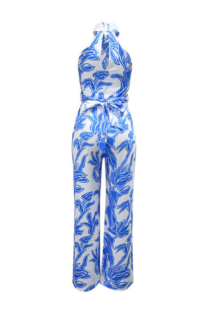 Floral Halter Tie Waist Wide Leg Jumpsuit Lavish Daily