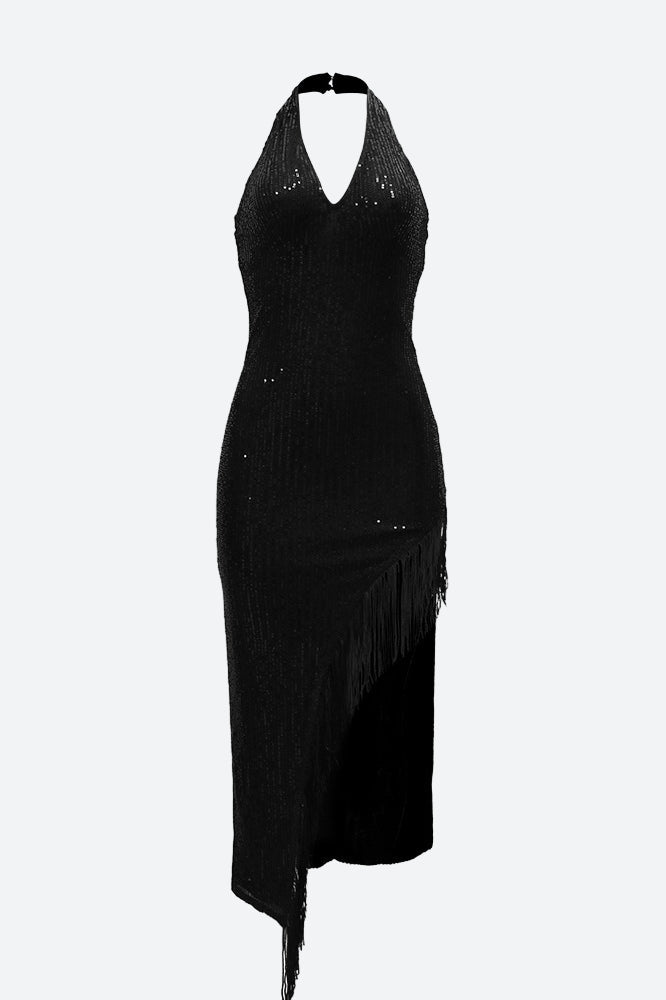 Halter Tassel Fringe Sequin Maxi Dress Lavish Daily