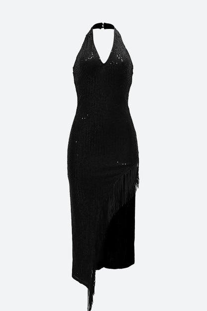 Halter Tassel Fringe Sequin Maxi Dress Lavish Daily
