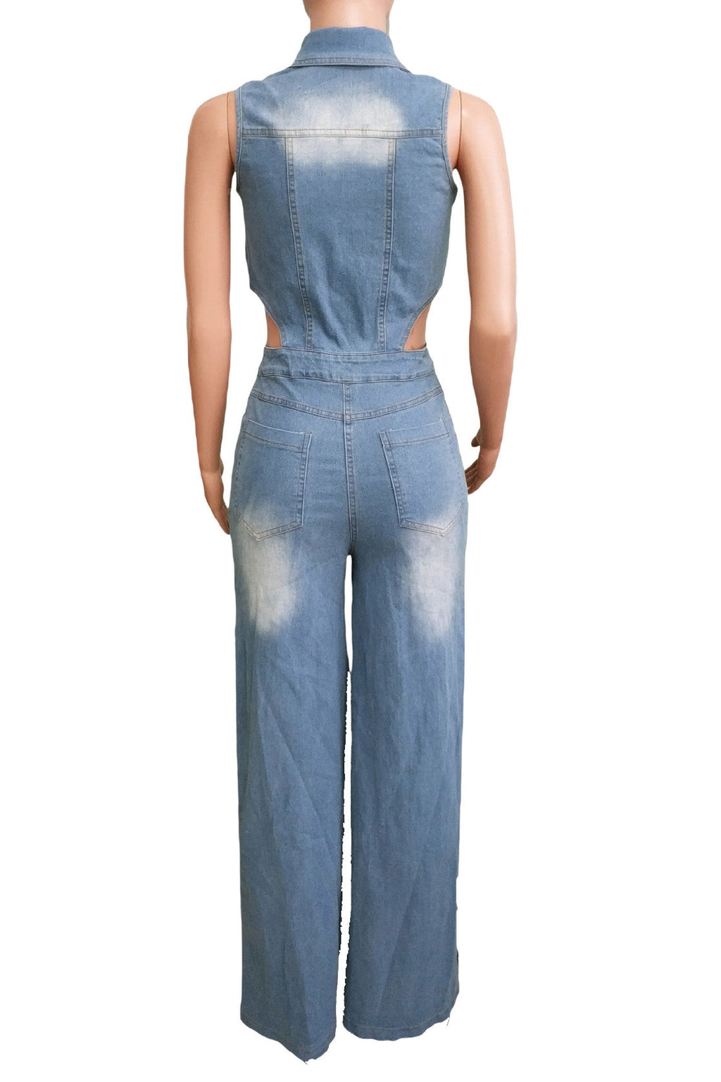 Sleeveless Cut Out Wide Leg Slit  Denim Jumpsuit Lavish Daily