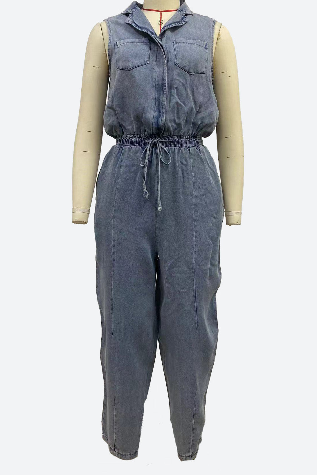 Sleeveless Drawstring Waist Washed Denim Jumpsuit Lavish Daily