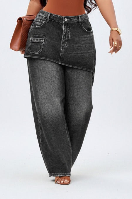 Skirt Overlay Wide Leg Baggy Jeans LavishDaily