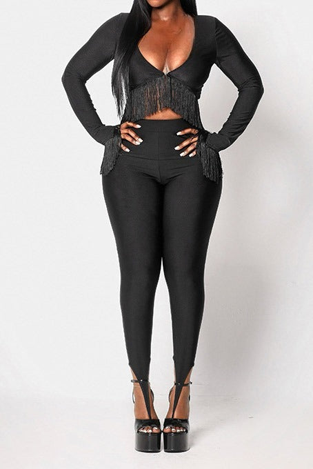Fringe Crop Top & Stirrup Leggings Set Lavish Daily