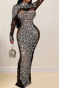 Mesh Rhinestone Long Sleeve Maxi Dress Lavish Daily