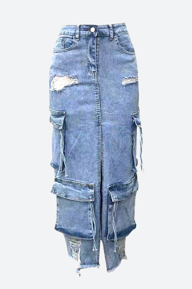 Slit Ripped Pocket Cargo Denim Skirt Lavish Daily