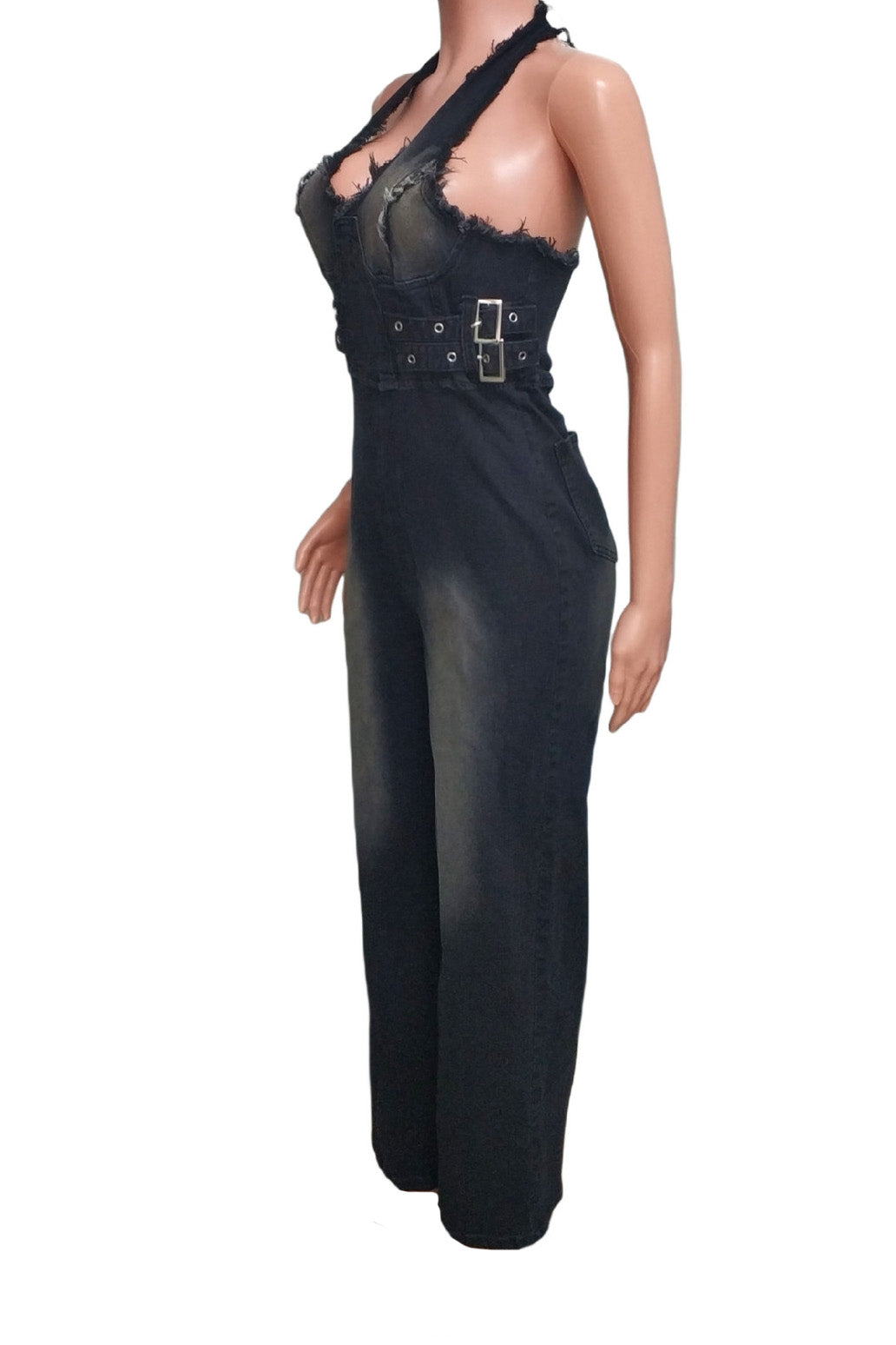 Halter Washed Denim Jumpsuit Lavish Daily