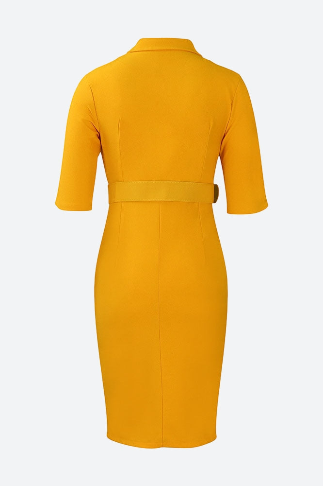 Solid Color Button Lapel Tight Dress Lavish Daily