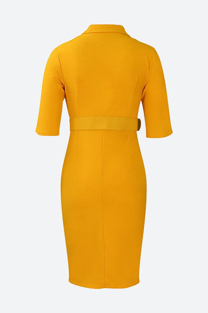 Solid Color Button Lapel Tight Dress Lavish Daily