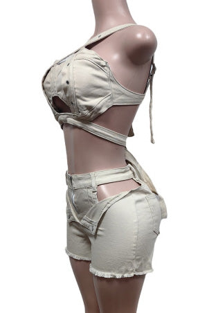 Denim Top & Cut Out Shorts Set Lavish Daily