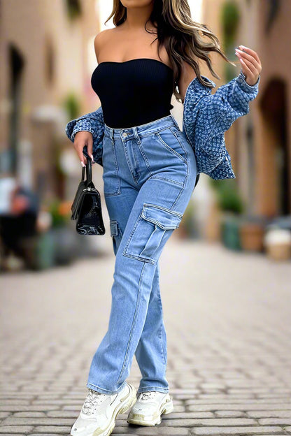 High Waist Flap Pocket Side Cargo Jeans Lavish Daily