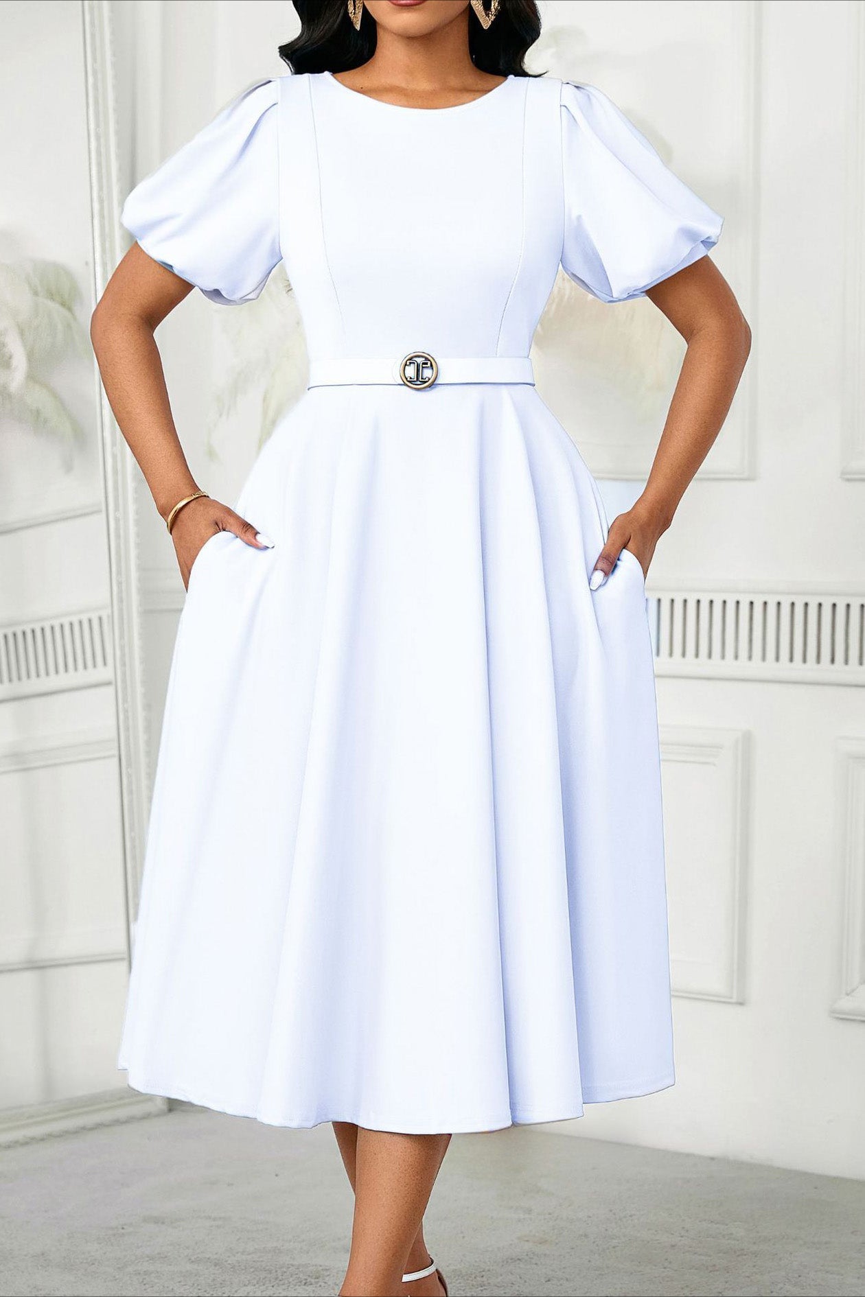 Puff Sleeve High Waist Solid Round Neck Dress Lavish Daily