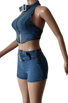Halter Neck Denim Shorts Set Lavish Daily