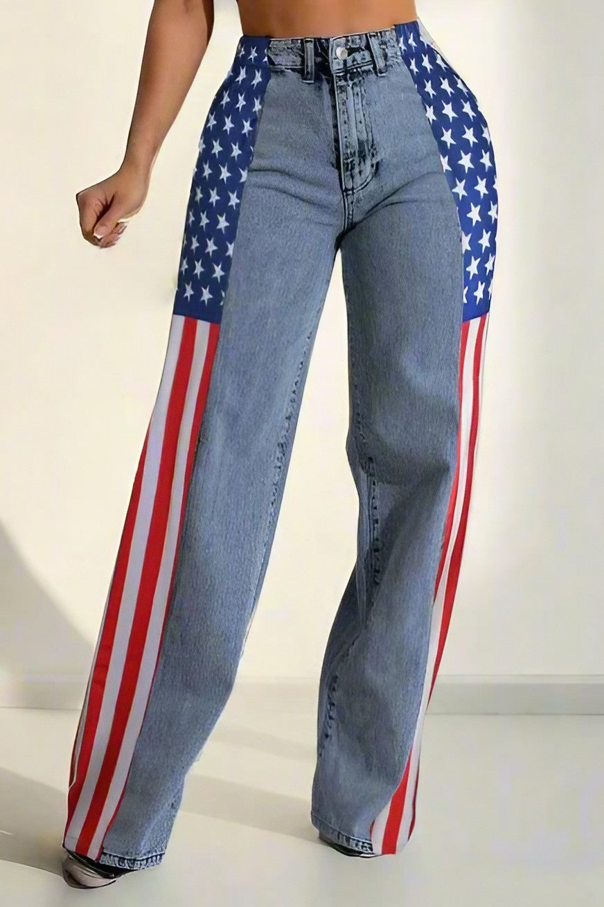 American Flag Print Light Wash Jeans Lavish Daily