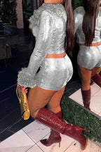 Fur Collar & Cuff Metallic Top and Shorts Set LavishDaily