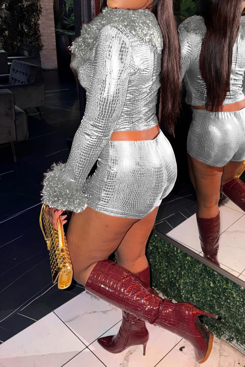 Fur Collar & Cuff Metallic Top and Shorts Set LavishDaily