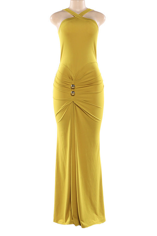 Cross Halter Pleated Waist Mermaid Dress Lavish Daily
