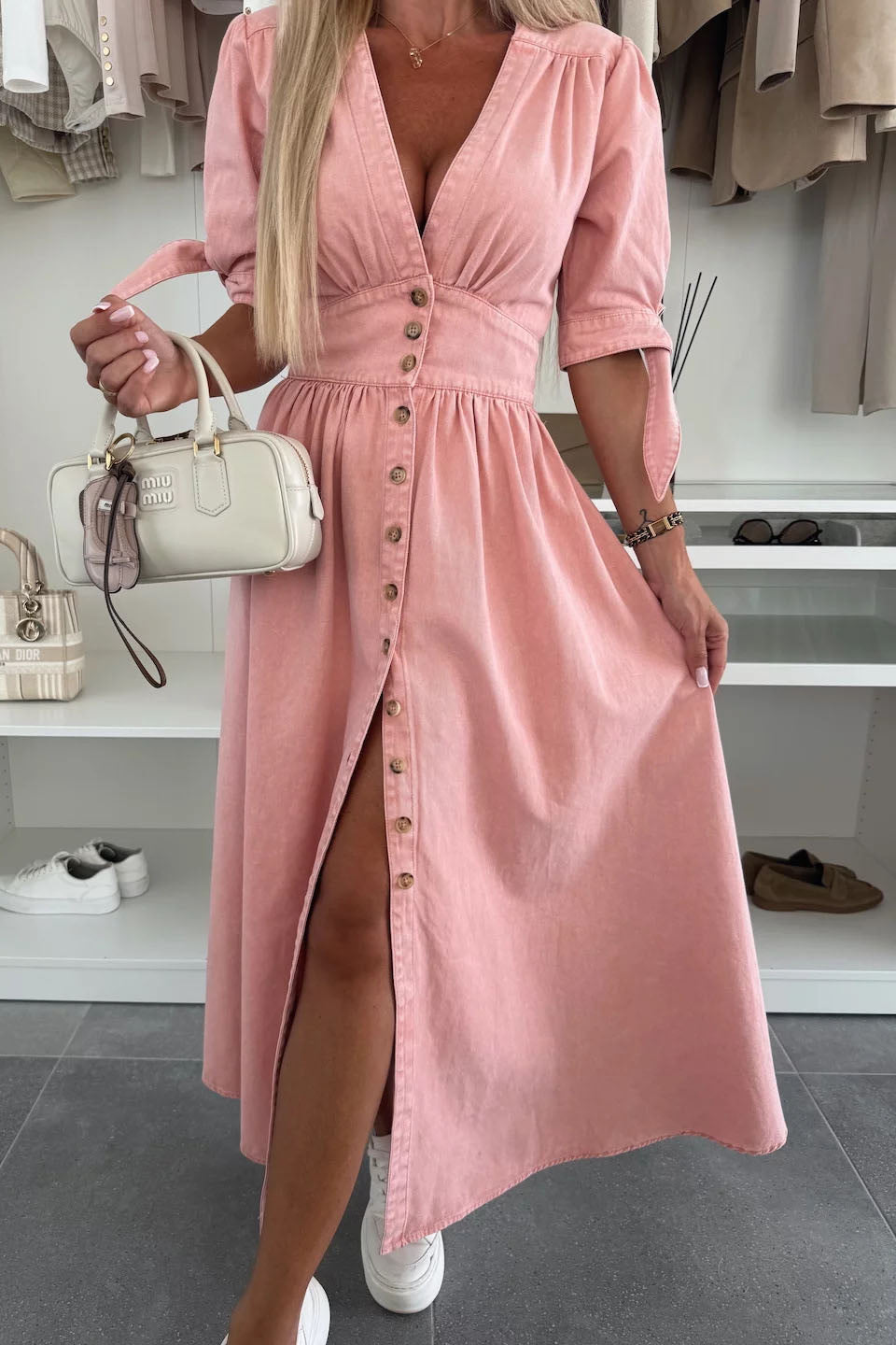 Single-Breasted V-Neck Denim Dress Lavish Daily