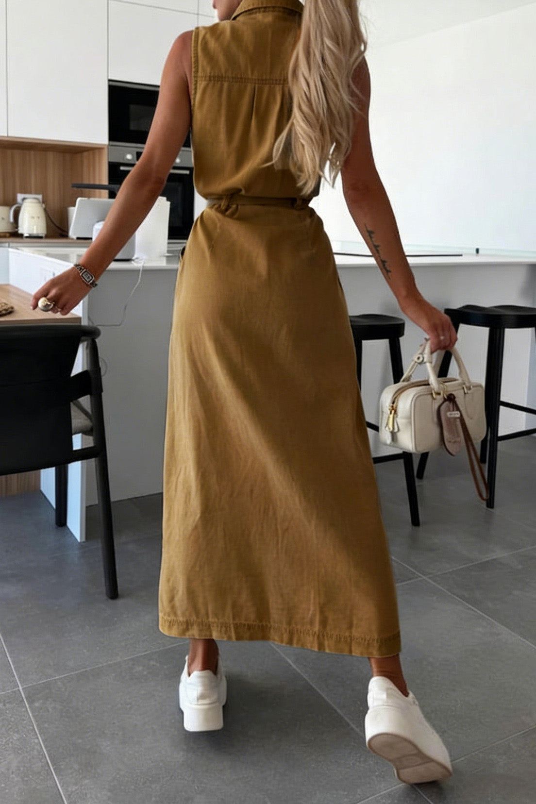 Sleeveless Belted Utility Maxi Shirt Dress Lavish Daily