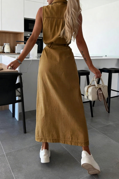 Sleeveless Belted Utility Maxi Shirt Dress Lavish Daily