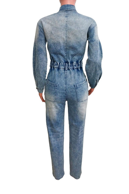 Long Sleeve Button Down Denim Utility Jumpsuit Lavish Daily