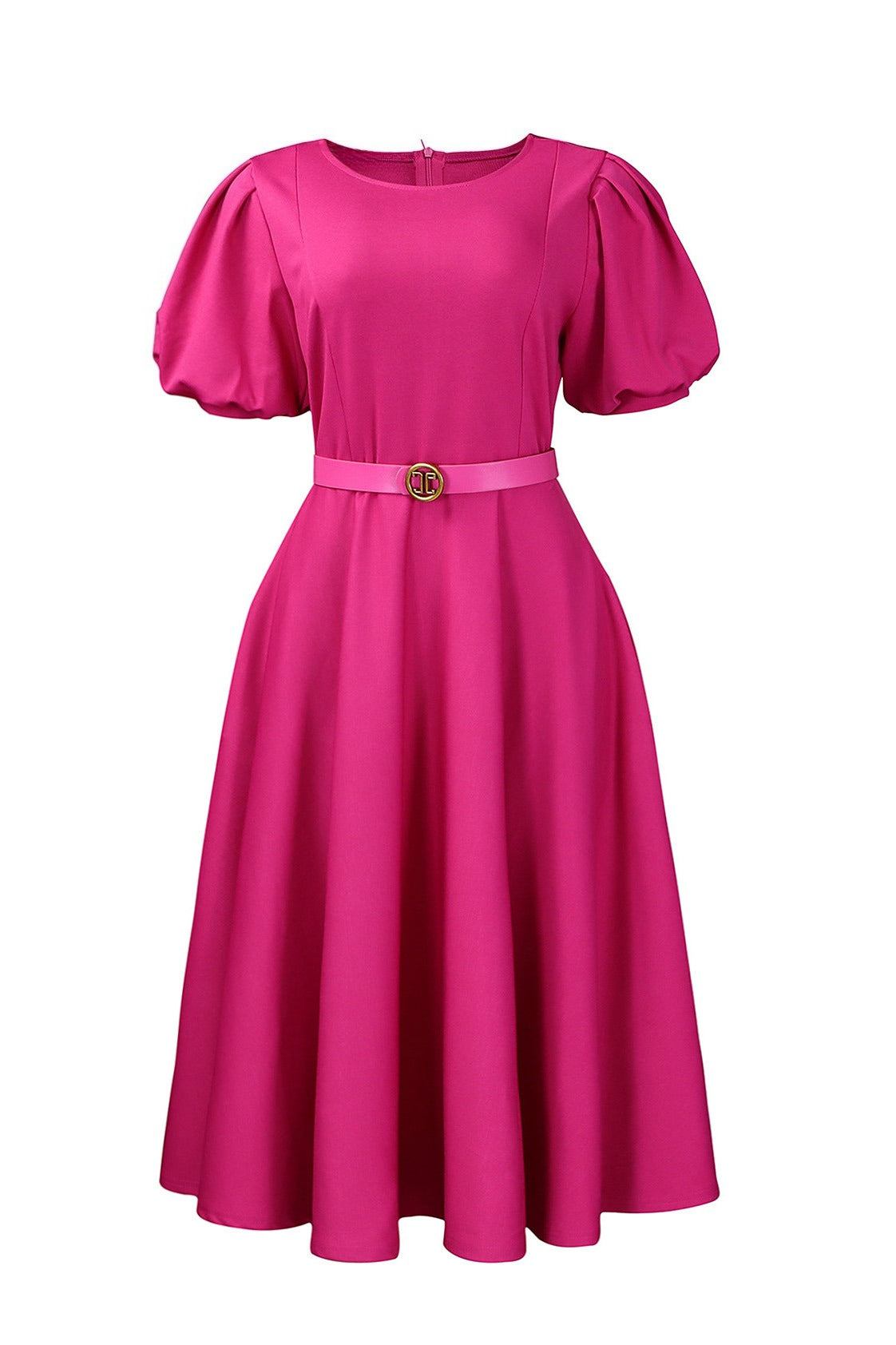 Puff Sleeve Belted A-Line Midi Dress with Pockets Lavish Daily