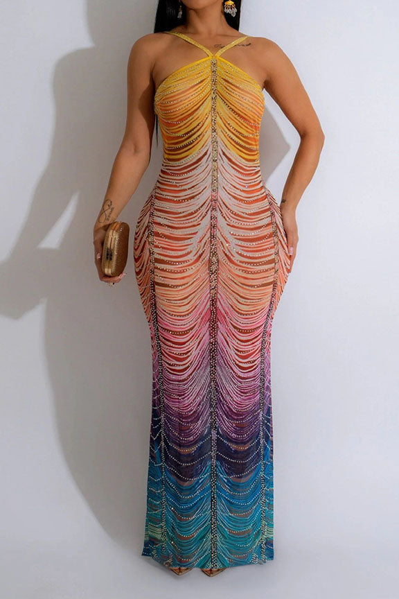 Rainbow Sleeveless Rhinestone Embellished Maxi Dress Lavish Daily