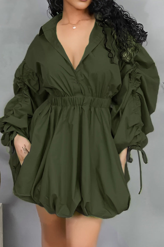 Ruched-Sleeve Button-Front Dress Lavish Daily