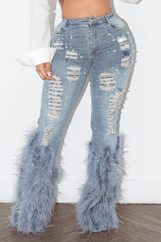 Feather Detail Ripped Denim Jeans Lavish Daily