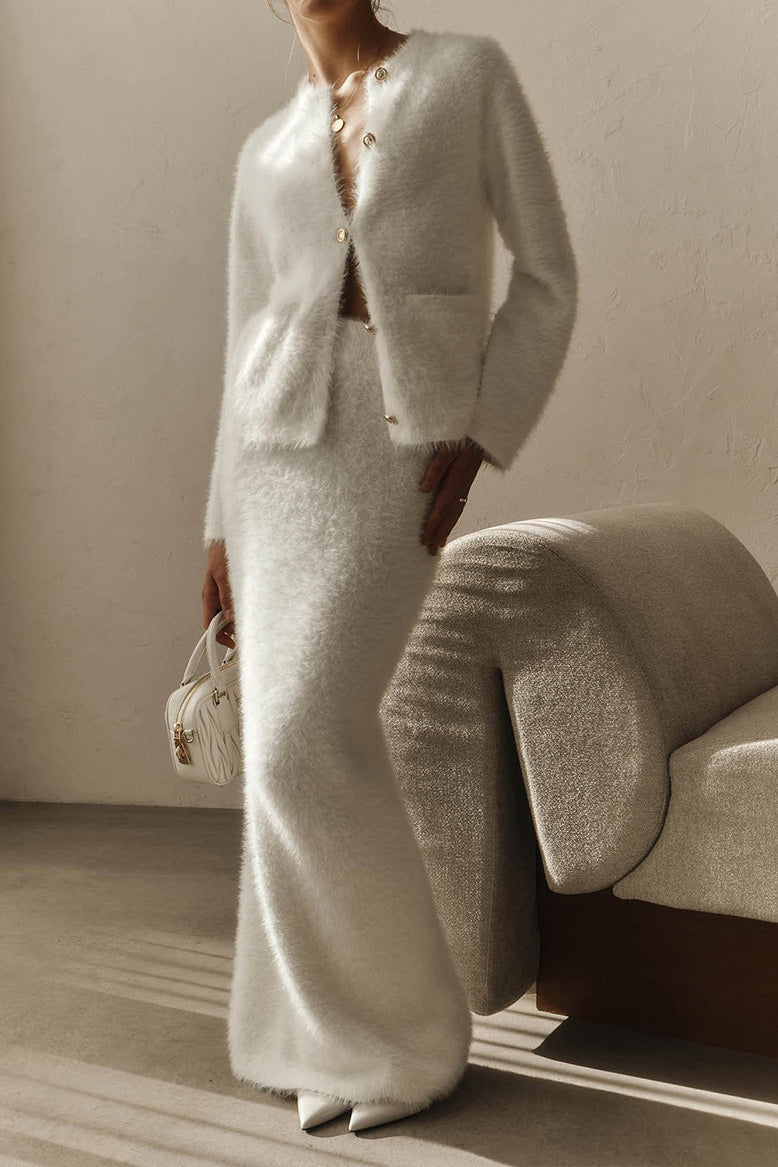 Fuzzy Long Sleeve Button Cardigan and Skirt Set Lavish Daily