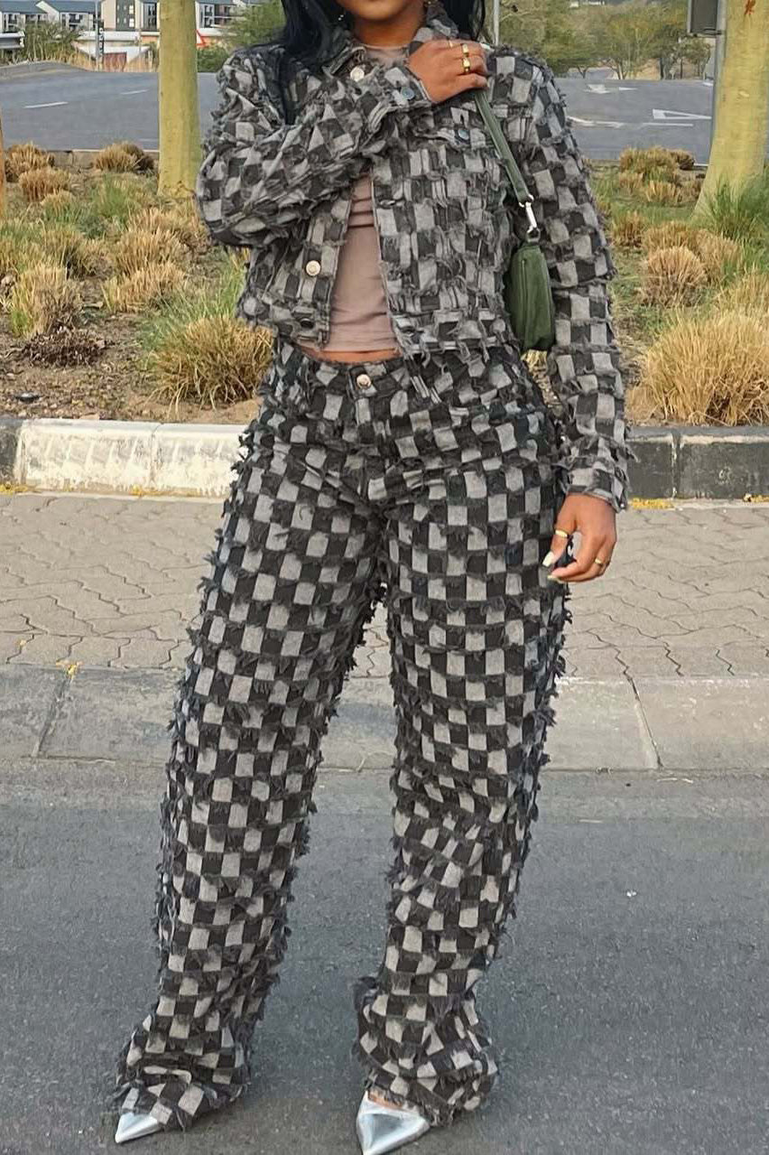 Checkered Denim Jacket & Pants Set Lavish Daily