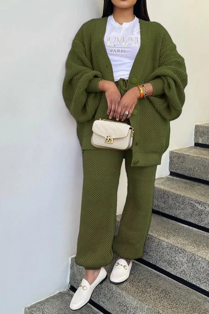Knit Button-Front Cardigan & Pants Set Lavish Daily