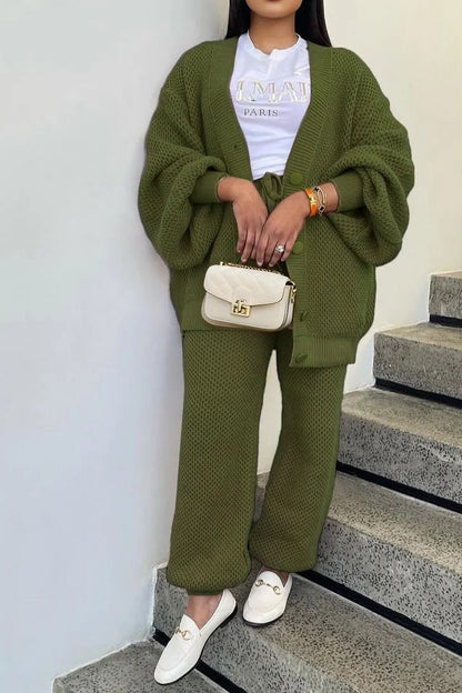 Knit Button-Front Cardigan & Pants Set Lavish Daily