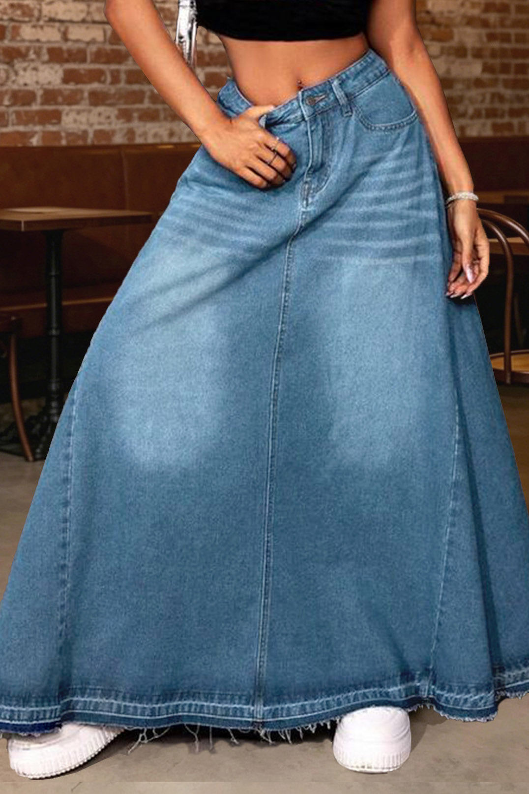 Raw-Hem A-Line Denim Maxi Skirt Lavish Daily
