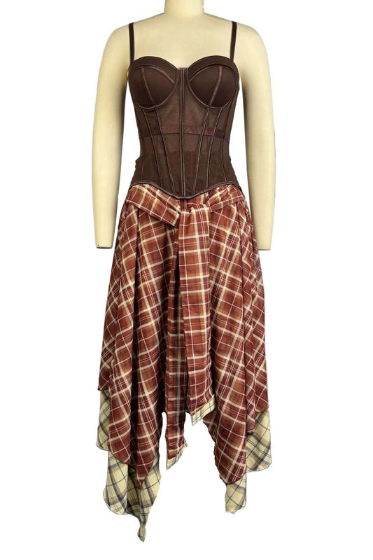 2-Piece Corset & Asymmetrical Plaid Skirt Set Lavish Daily
