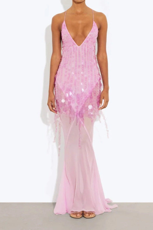 Sequin Backless Drape Tulle Hem Slip Maxi Dress Lavish Daily