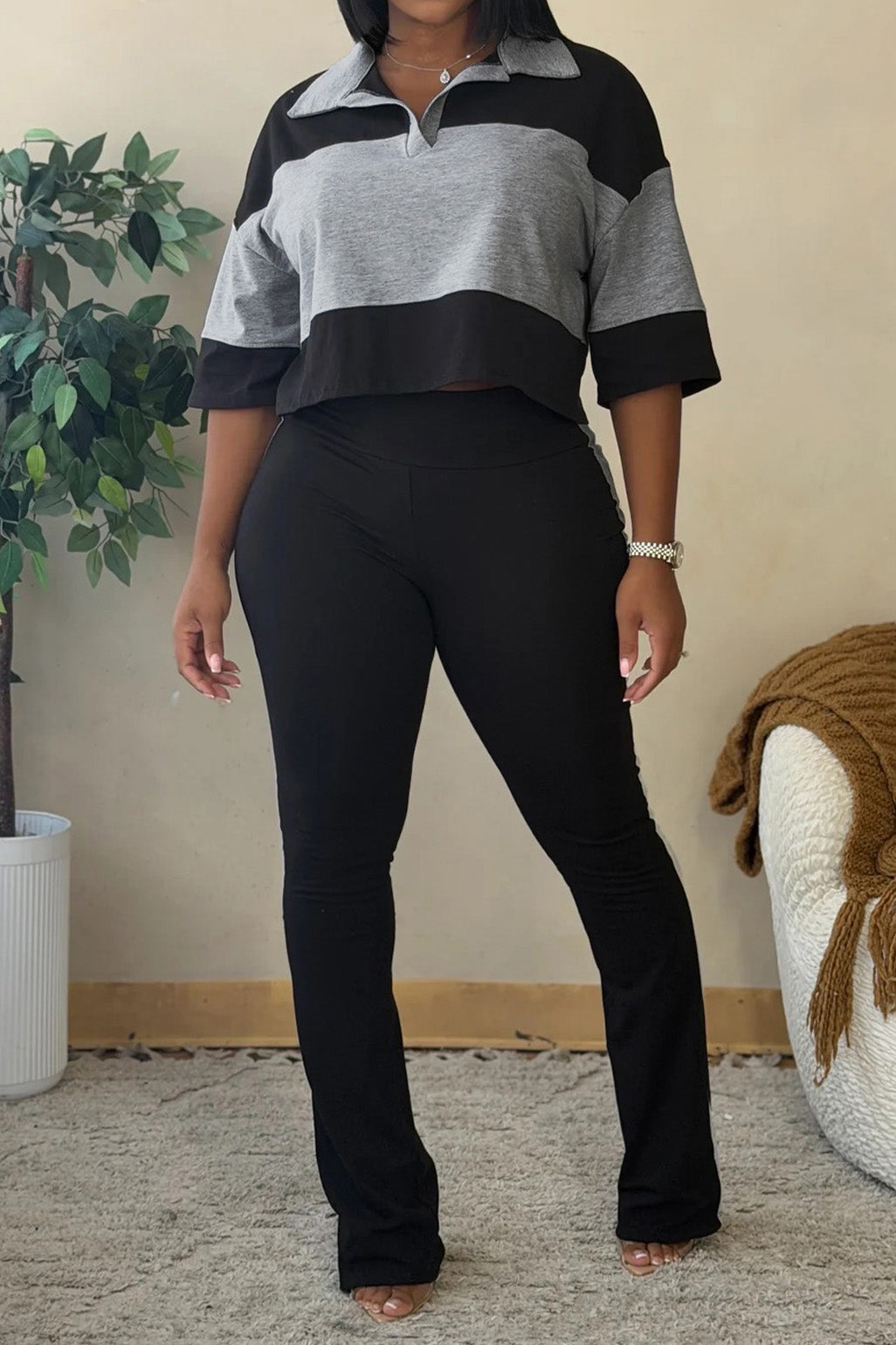 Collared Top & Flare Pants Two-Piece Set Lavish Daily