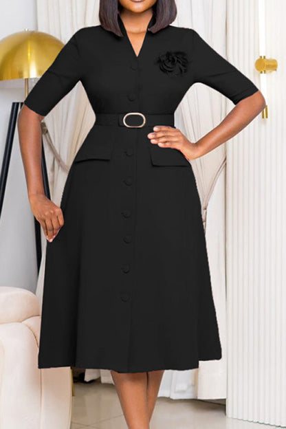 V-Neck Button Front Solid Color Midi Dress Lavish Daily