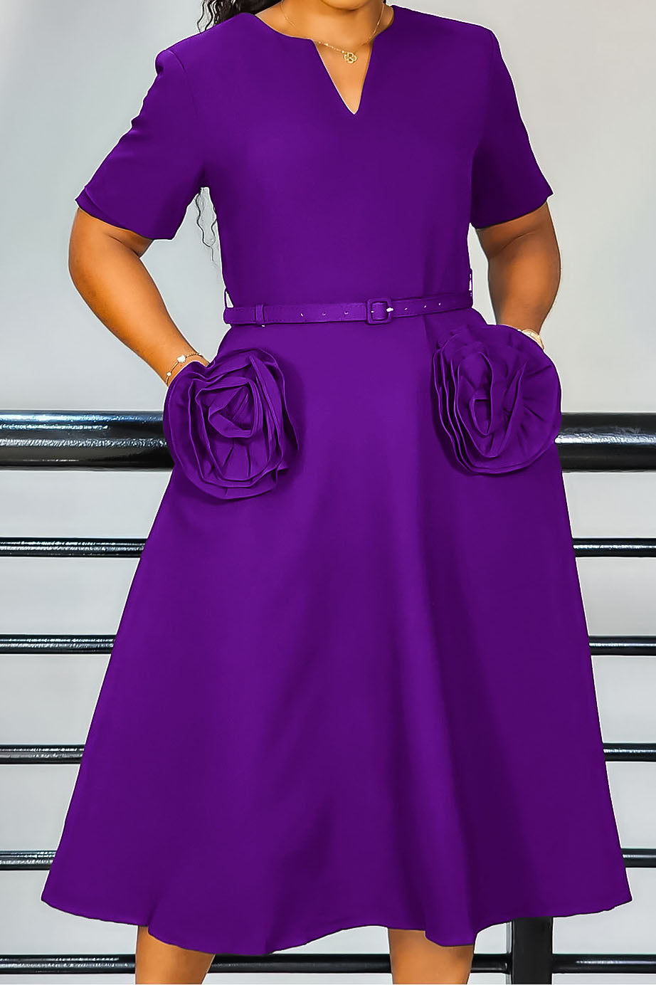 V-Neck Short Sleeve with 3D Floral A-Line Dress Lavish Daily