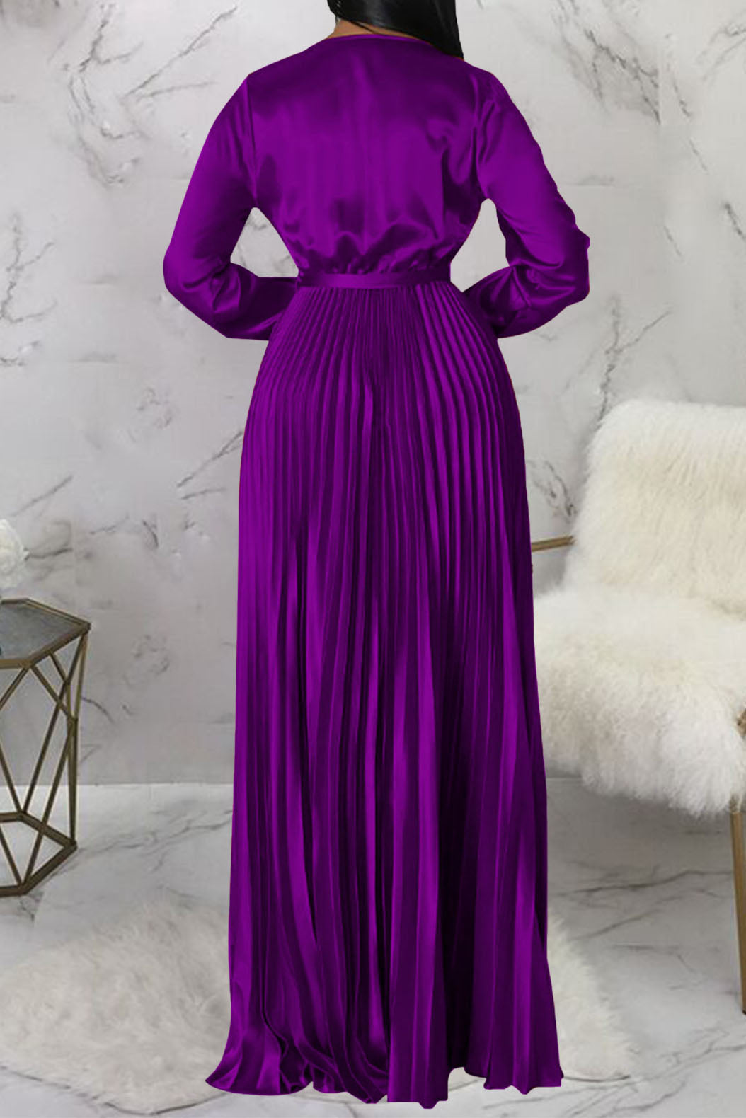 Faux Silk Pleated Tie-Waist Maxi Dress Lavish Daily