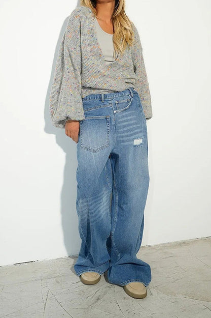 Distressed Patch Pocket Wide Leg Jeans Lavish Daily