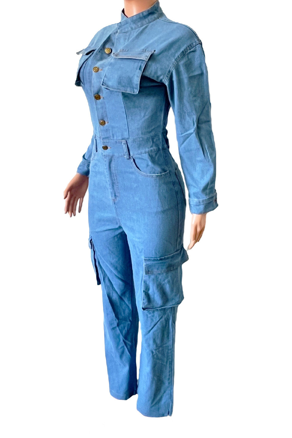 Long Sleeve Denim Cargo Pocket Jumpsuit Lavish Daily