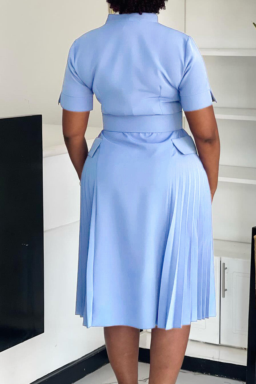 V-Neck Solid Color Plus Size Pleated Dress Lavish Daily