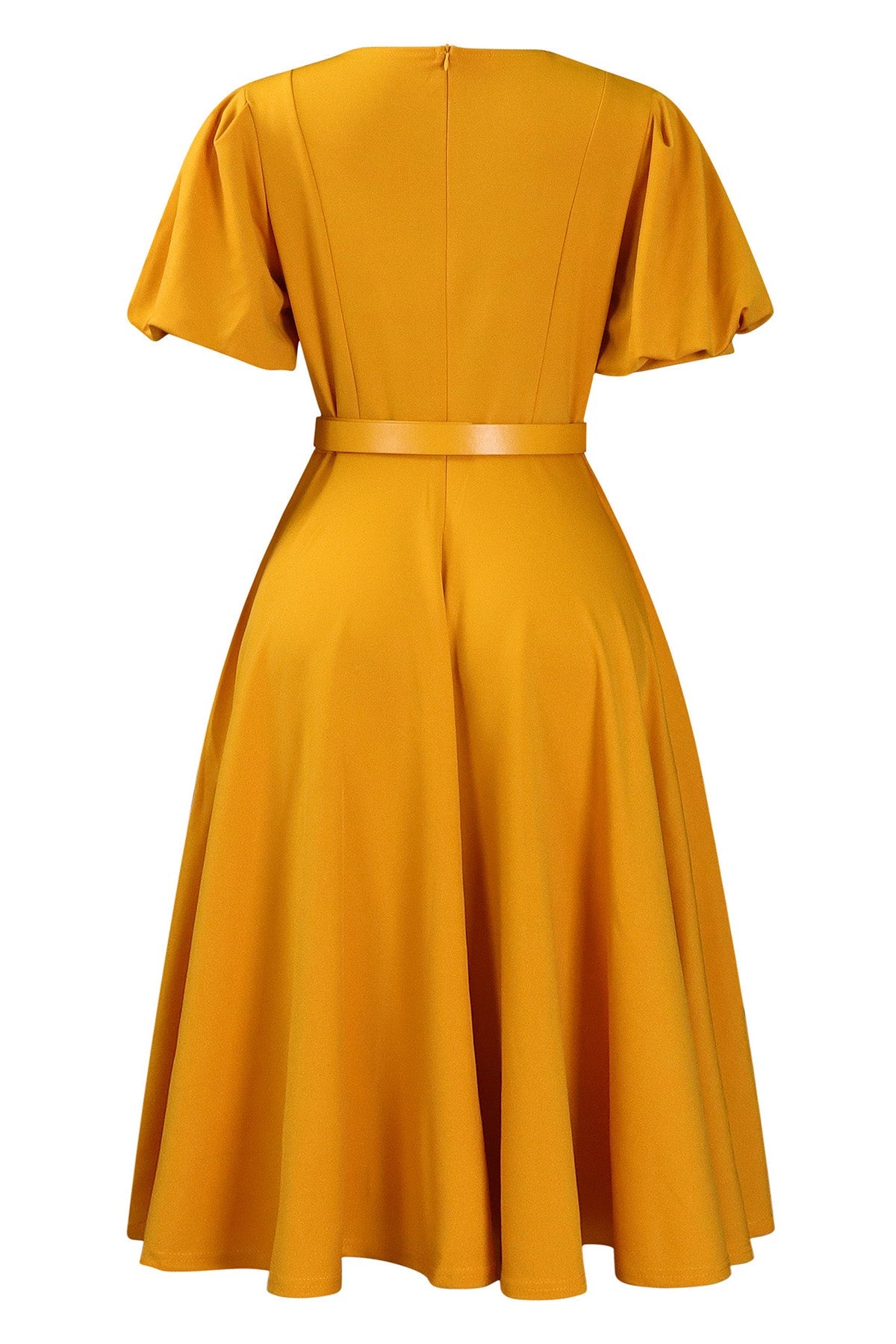 Puff Sleeve High Waist Solid Round Neck Dress Lavish Daily