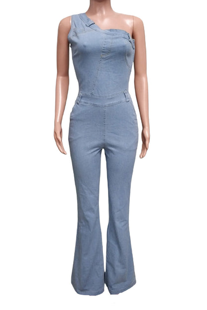 One Shoulder Denim Jumpsuit Lavish Daily