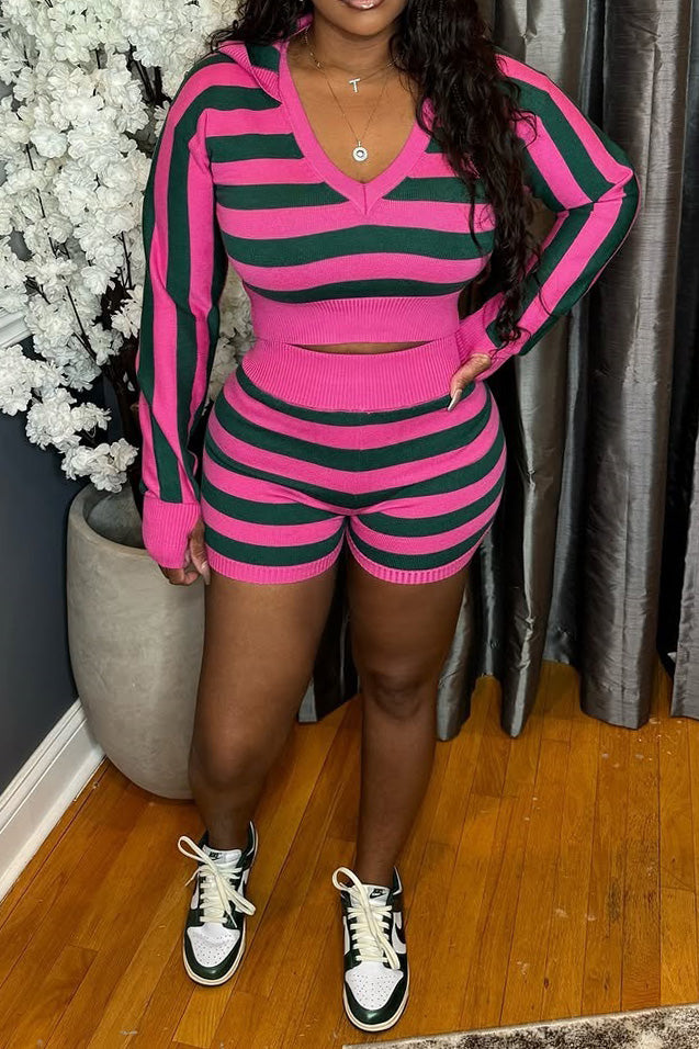 Striped Knit Hoodie Shorts Set Lavish Daily